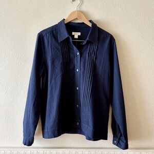 NEW Christopher & Banks Pintuck Linen Blend Navy Shirt Jacket Women's L Coastal